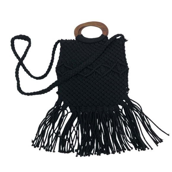 Danielle Nicole Black Fringe Macrame Crochet‎ Boho Hippie Crossbody Satchel Bag - Picture 2 of 7